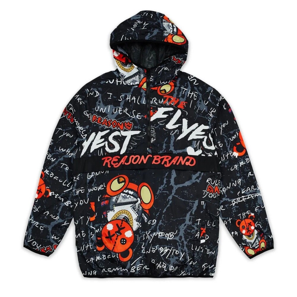 Reason Men’s Allover Print XO Flyest Teddy Half-Zip Anorak Hooded Jacket Size XL